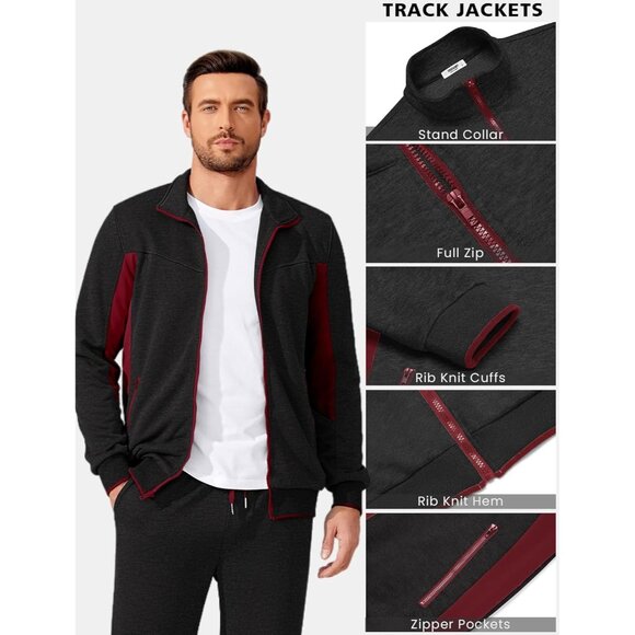 Men's Tracksuits 2 Piece Athletic Track Suit Jogging Running Sweatsuit Grey Red - Picture 5 of 6